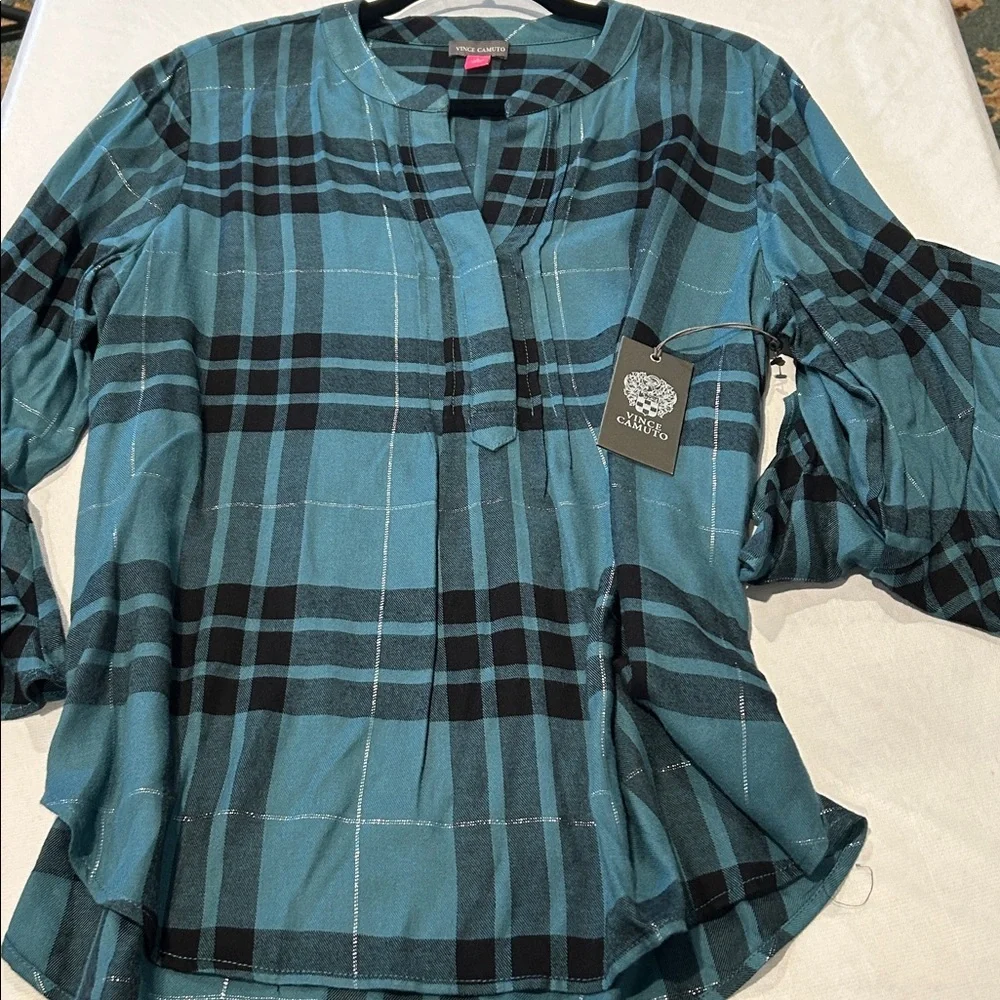 Vince Camuto Green and Black Plaid Flannel Blouse with Silver Threads Size Large